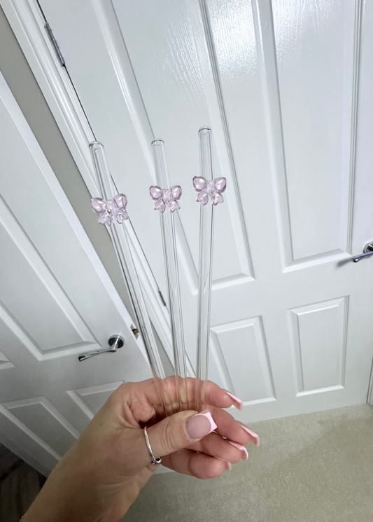 Pink Bow Glass Straws and Brush